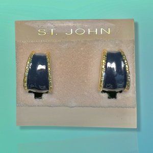 Vintage St John Half Hoop Logo Clip on Earrings Gold and Navy Enamel NOS clip-on